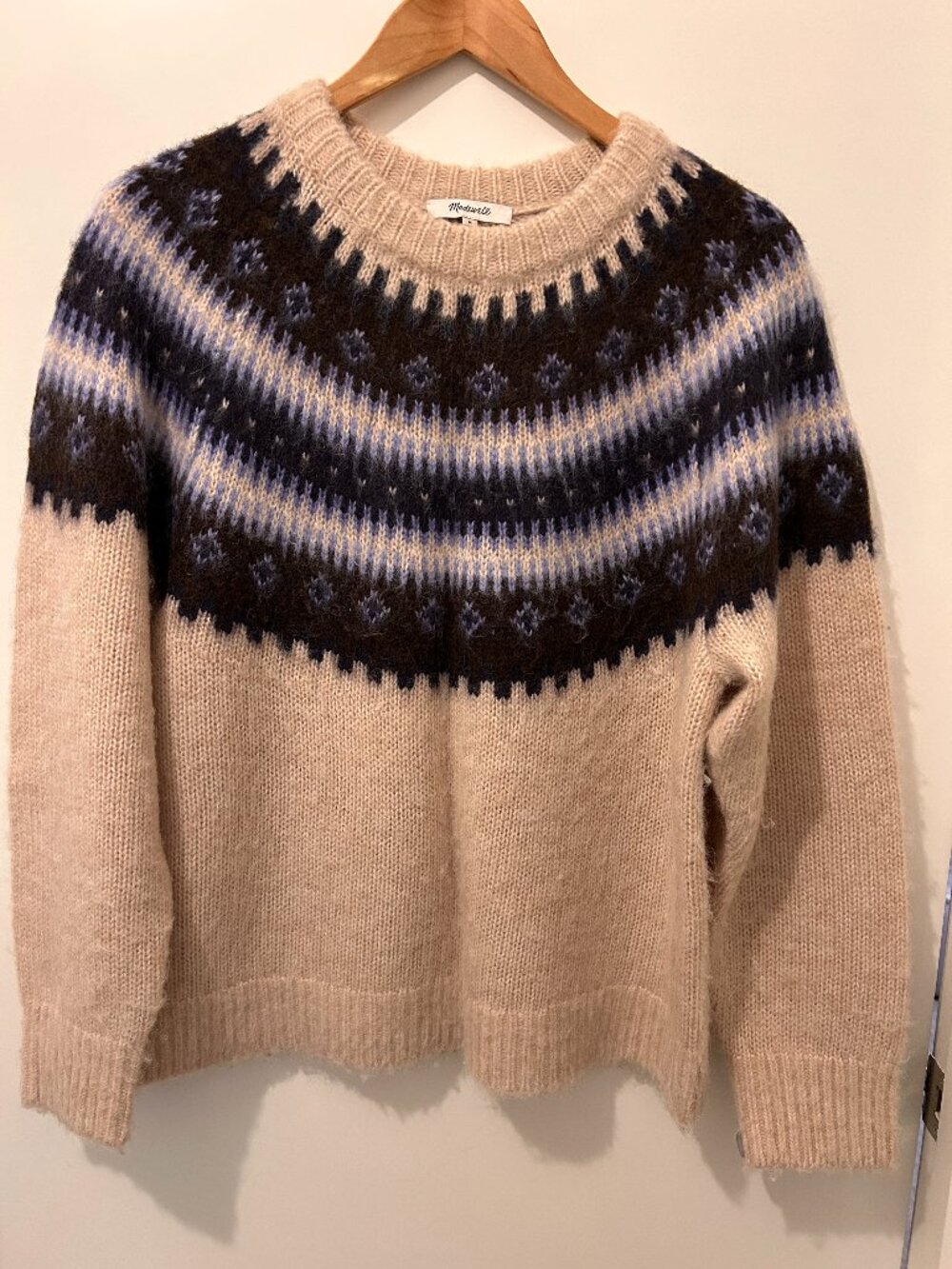 Madewell Fair Isle Crewneck Sweater Oatmeal Navy Blue Size M